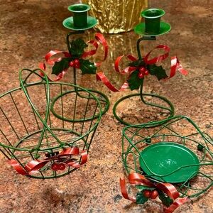 Vintage Four piece metal holiday candle holder & basket set